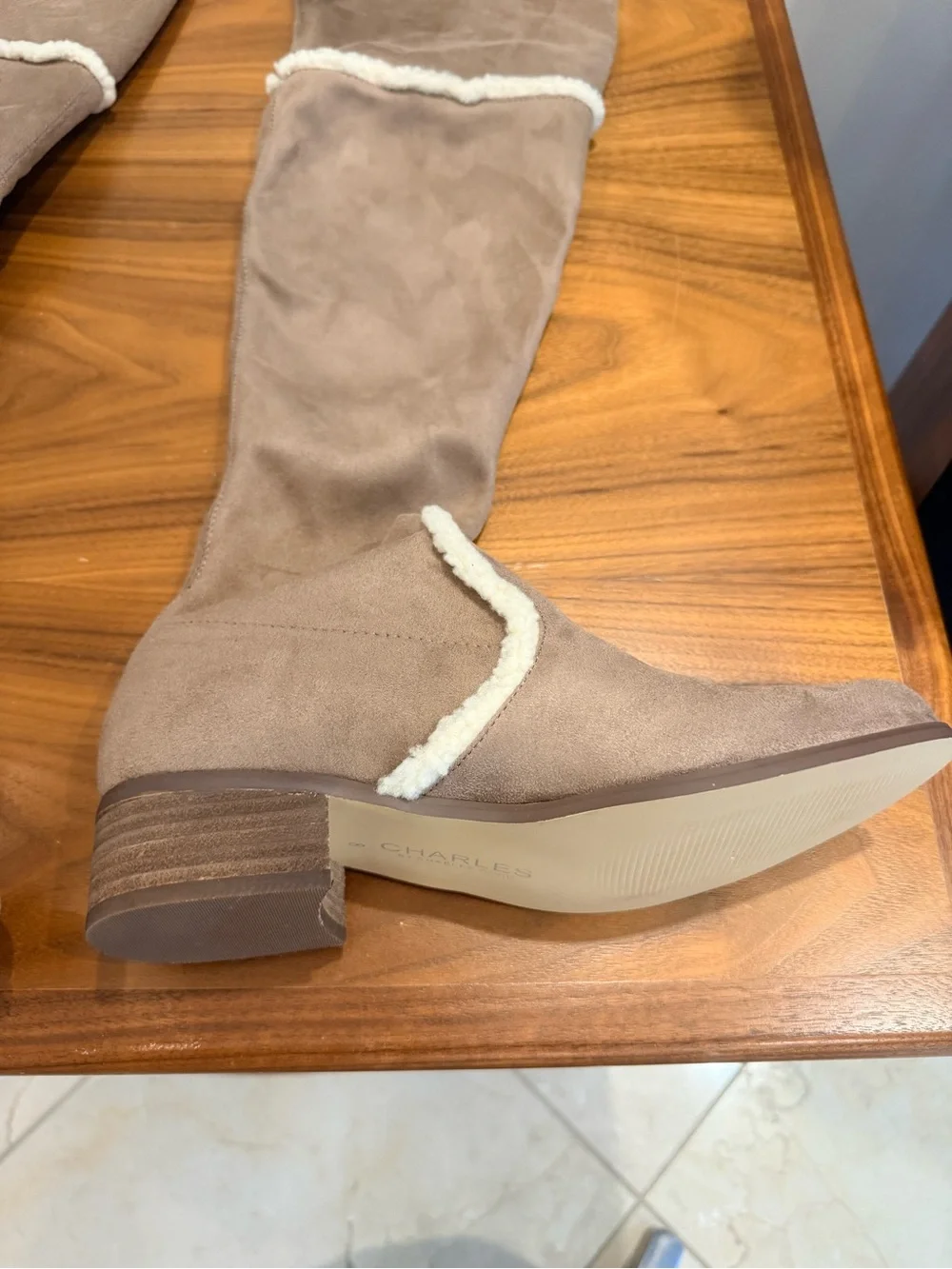 Charles David Taupe Over-the-Knee Faux-Suede Boots with Shearling Trim